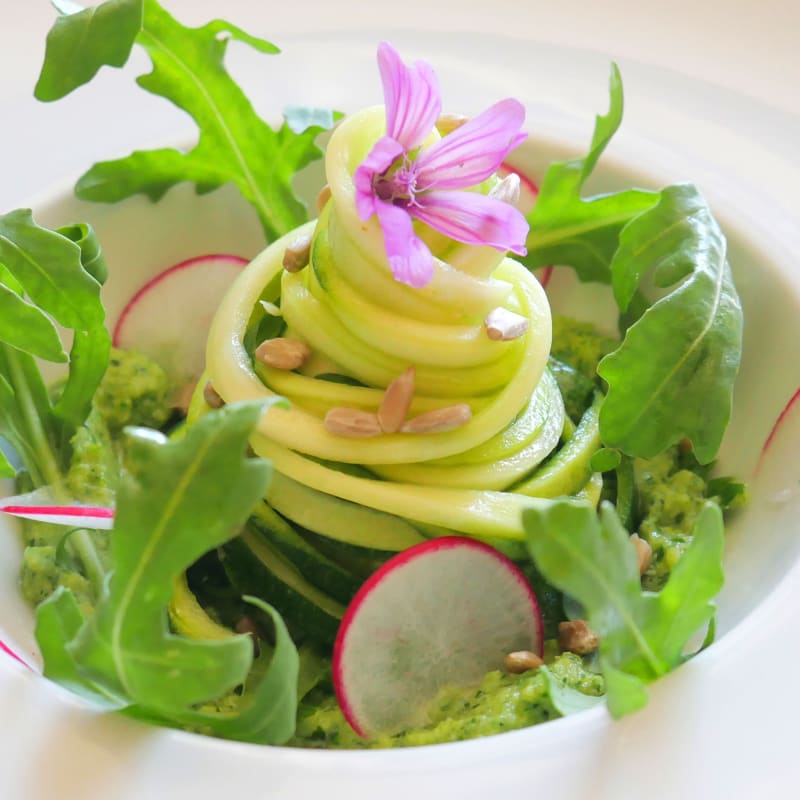 Zucchini Spaghetti with Rucola Pesto and Celery Leaves