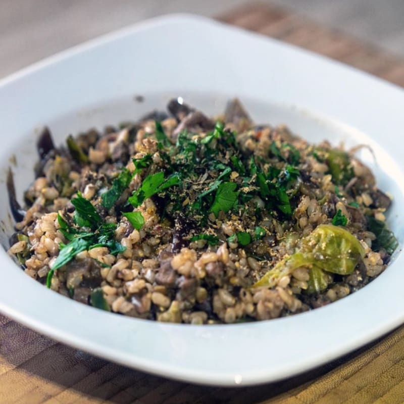 Brown Rice With Liver, Porcini Mushrooms And Brussels Sprouts