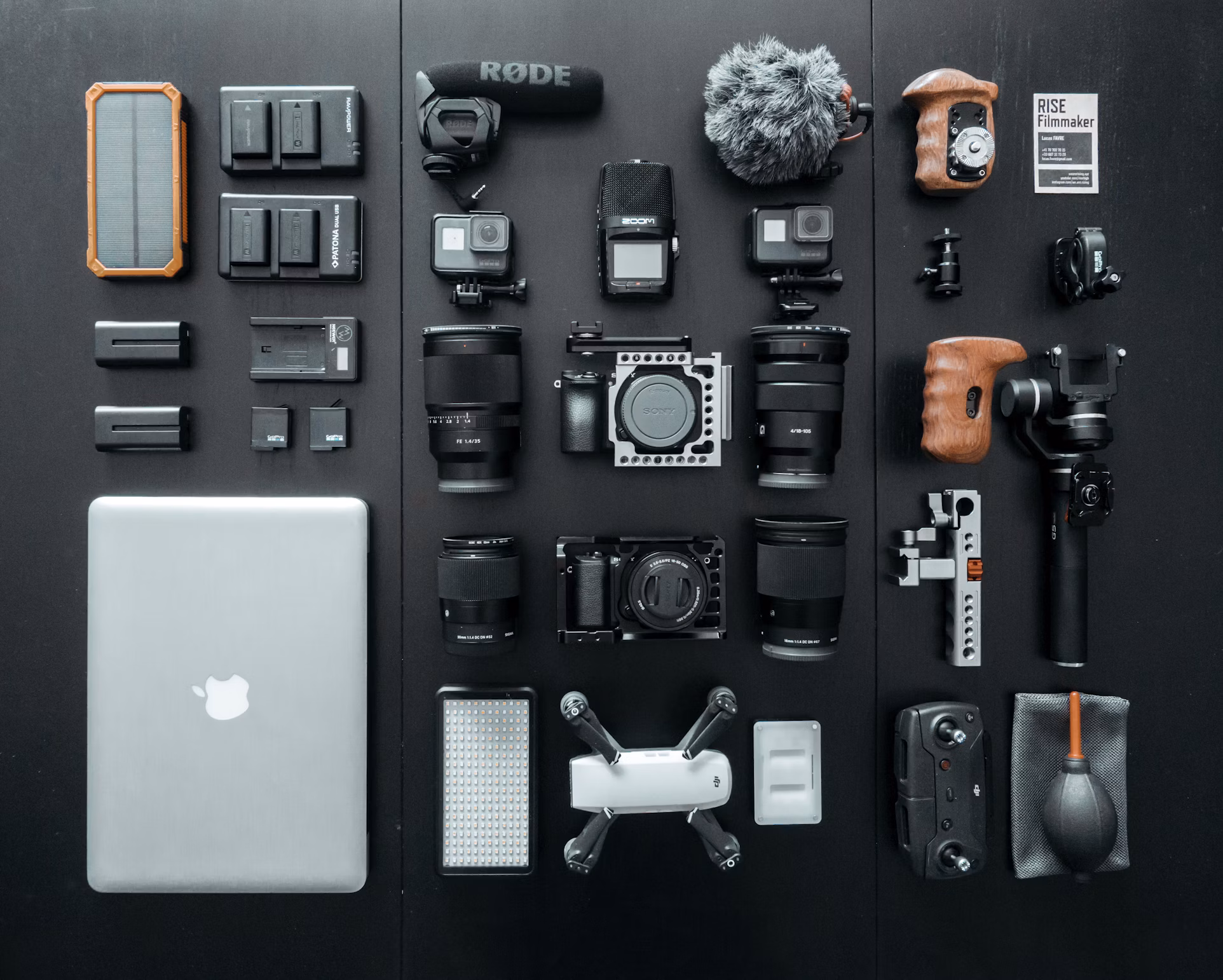 Showcase of various media equipment like cameras, lights, and microphones