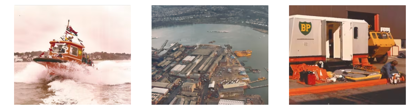 A historical series of three images reflecting OSRL’s early years: a response vessel cutting through the water, an aerial perspective of a bustling port and operational hub, and an onshore scene of equipment preparation featuring a BP-branded mobile unit.
