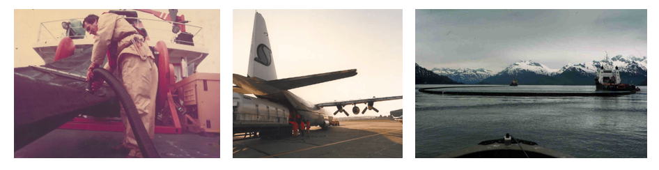 A historical series showing OSRL’s global impact: an early responder using recovery gear on a vessel, offshore containment operations in an Arctic-like setting, and a large aircraft on standby with OSRL team members preparing for rapid deployment.