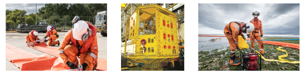 A dynamic set of images highlighting OSRL’s innovation and technical expertise: responders assembling containment boom, cutting-edge subsea capping technology, and teams deploying equipment on a rocky shoreline to protect sensitive habitats.