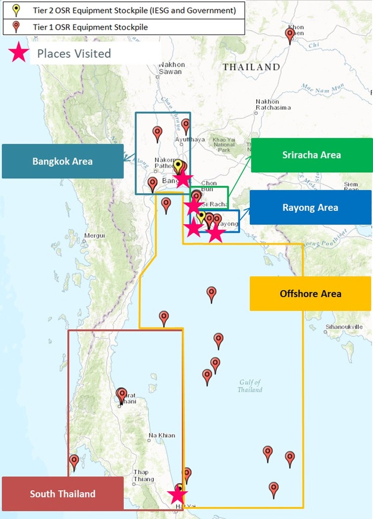  A map of Thailand displaying the locations of Tier 1 and Tier 2 oil spill response equipment stockpiles, marked with red and yellow pins respectively. The map highlights areas visited, including Bangkok, Sriracha, Rayong, South Thailand, and offshore regions, with pink stars denoting specific sites visited during the preparedness review.