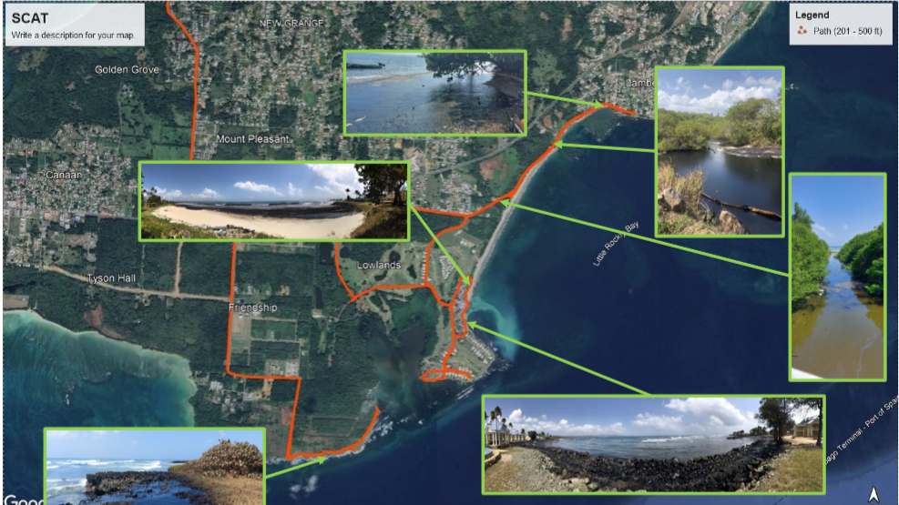 A GIS-based SCAT (Shoreline Cleanup Assessment Technique) map of Tobago with marked survey routes and images of oiled shorelines. This map was instrumental in identifying high-priority areas for cleanup efforts.