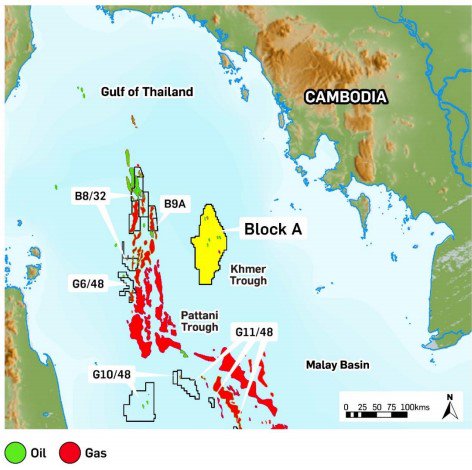 A detailed map illustrating oil and gas exploration areas in the Gulf of Thailand. The map highlights Cambodia’s Block A in the Khmer Trough, with other marked regions showing oil and gas reserves across the surrounding area.