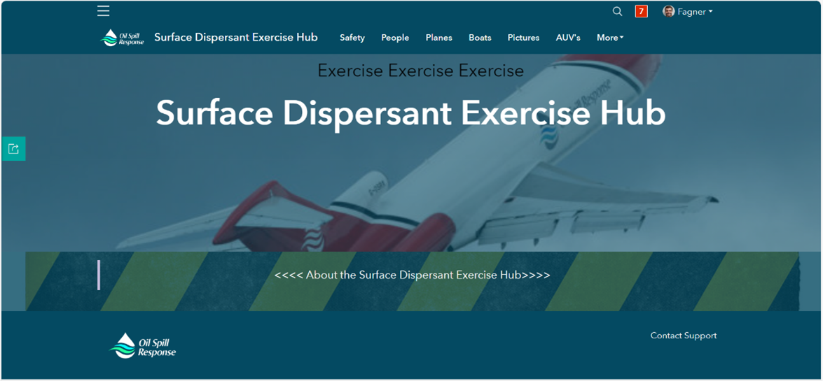 This image displays the Surface Dispersants Exercise Hub, an online platform designed to consolidate training resources, research, and operational learnings from the exercise, enabling a more coordinated response strategy.