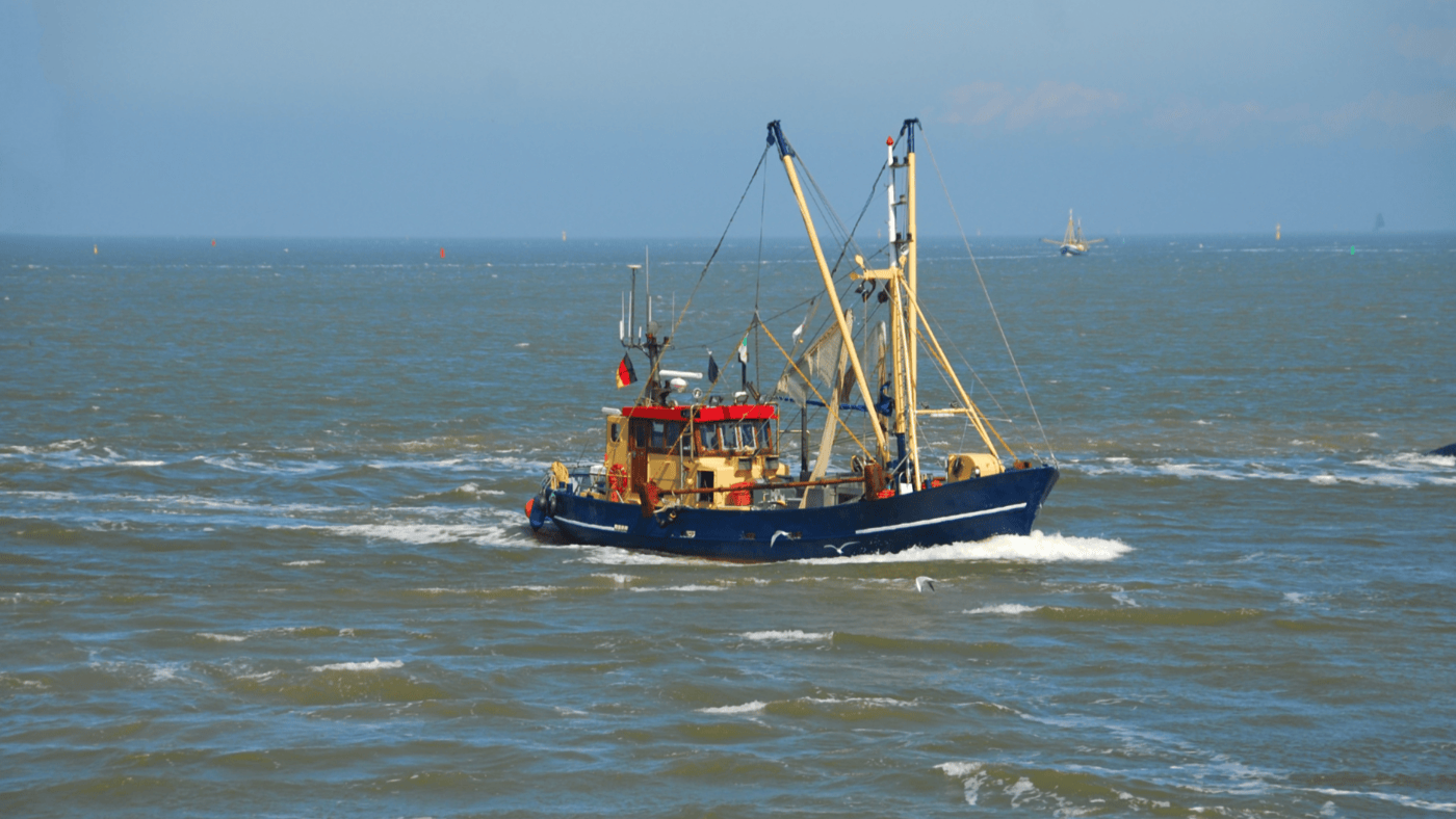 A blue and yellow fishing vessel sails through choppy waters, equipped with nets, antennas, and rigging for commercial fishing operations. The boat is surrounded by ocean with a few distant ships visible on the horizon. The scene highlights maritime activity and the role of fisheries in coastal economies.