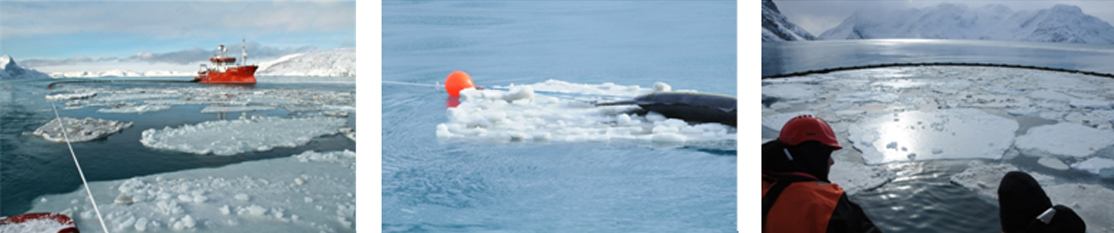 Day 2 - Room Boom 1500 Deployment A response vessel navigating through ice-laden waters while deploying oil spill containment booms, showcasing spill response operations in extreme cold climates.