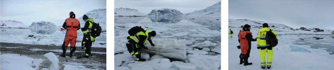 Day 5 - Cold Weather SCAT Theory and Practical: A SCAT team conducting an oil spill impact assessment in an Arctic-like environment, evaluating ice-covered shorelines for contamination and cleanup strategies.