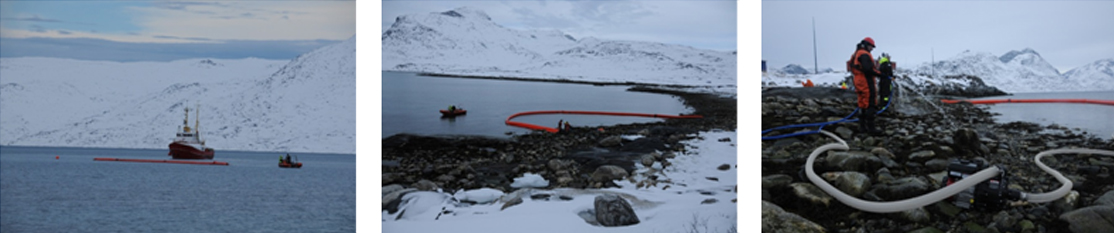 Day 6 - Shoreline Deployment:  A shoreline response team deploying an oil containment boom along a snow-covered coastal area to prevent oil from spreading in frigid conditions.