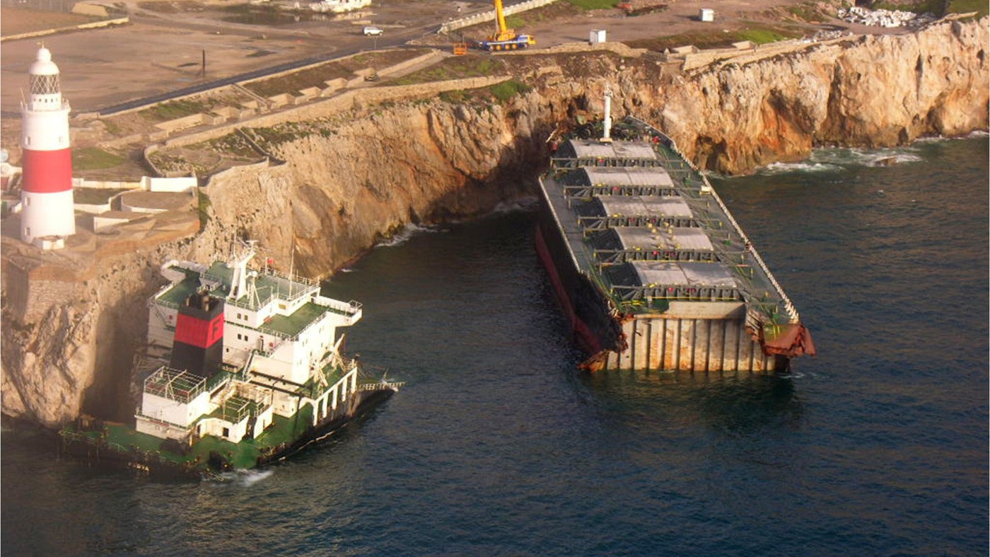 This image captures a vessel stranded off the coast of Gibraltar, emphasising the complexities of response operations in challenging environments. It underscores the importance of specialised training in offshore spill preparedness and emergency response.