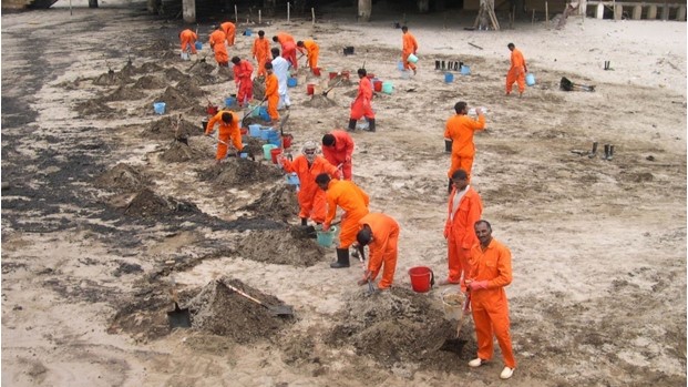  A team of responders manually removing oil-contaminated sand using buckets and shovels during the cleanup operations following the MV Tasman Spirit spill.