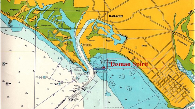 A detailed map depicting Karachi’s coastline and the MV Tasman Spirit grounding site, showing affected areas and the spread of the oil spill.