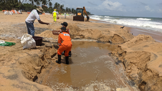 Responders in protective gear are manually digging trenches on Sarakkuwa Beach to contain and recover spilled contaminants from the X-Press Pearl incident. The operation aims to prevent further spread of pollutants along the shoreline..