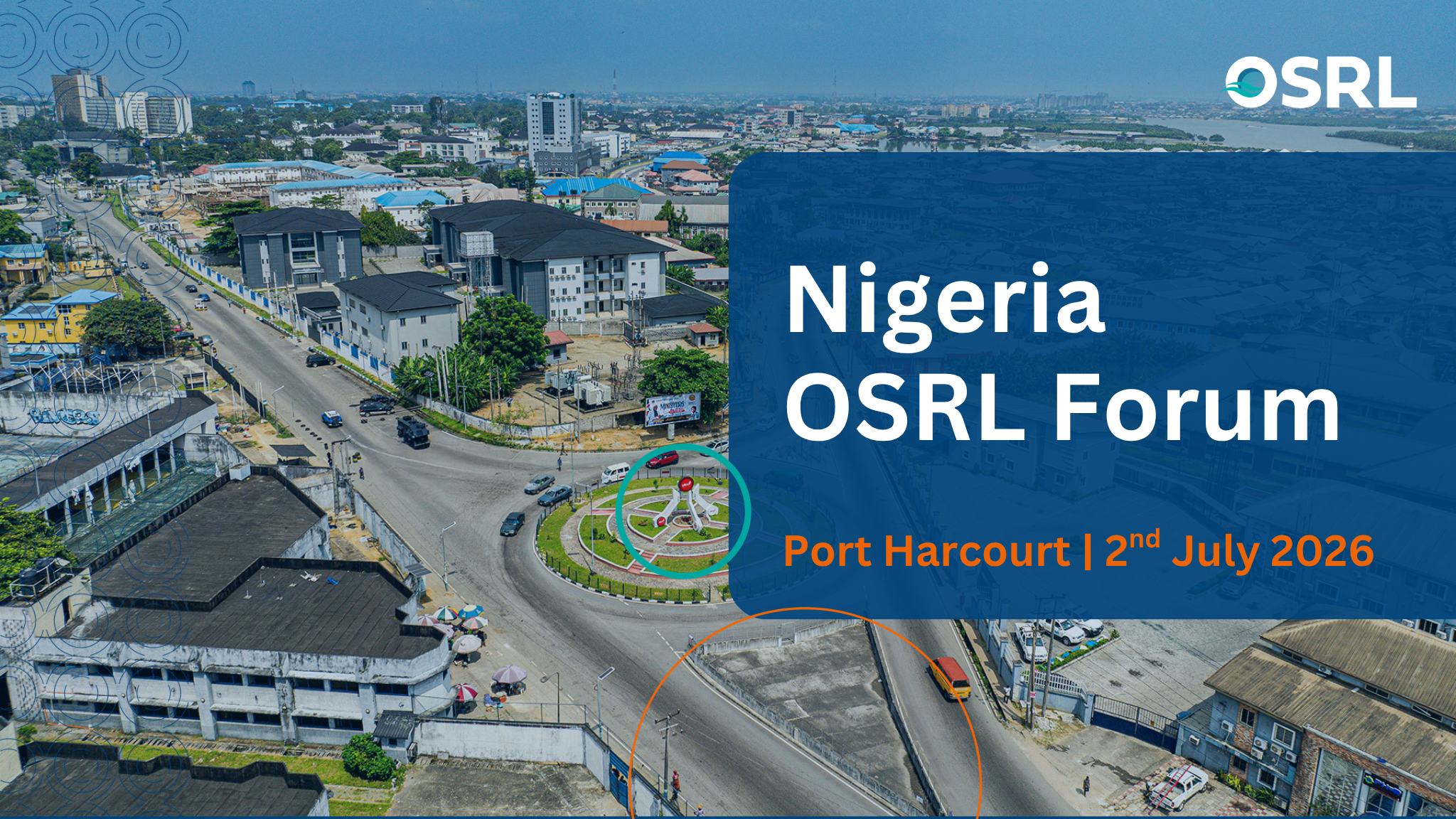 Hero image promoting the Nigeria OSRL Forum in Port Harcourt, featuring an aerial view of the city with event title, location and date displayed in OSRL branding.