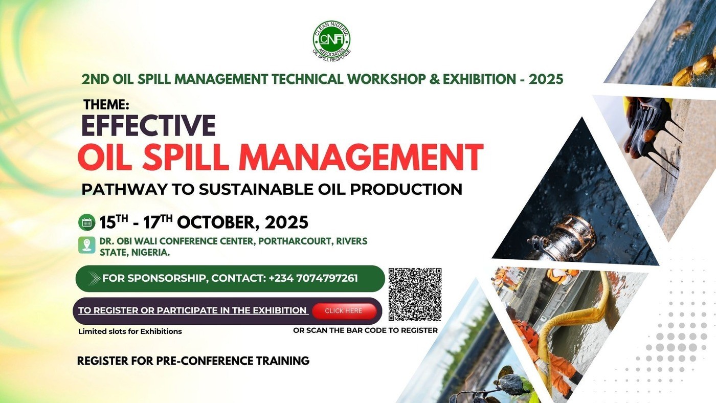 Event banner for the Oil Spill Management Technical Workshop and Exhibition, featuring the event title, theme, date, location, and a QR code to register. The design includes triangle-framed response images and a bold call-to-action