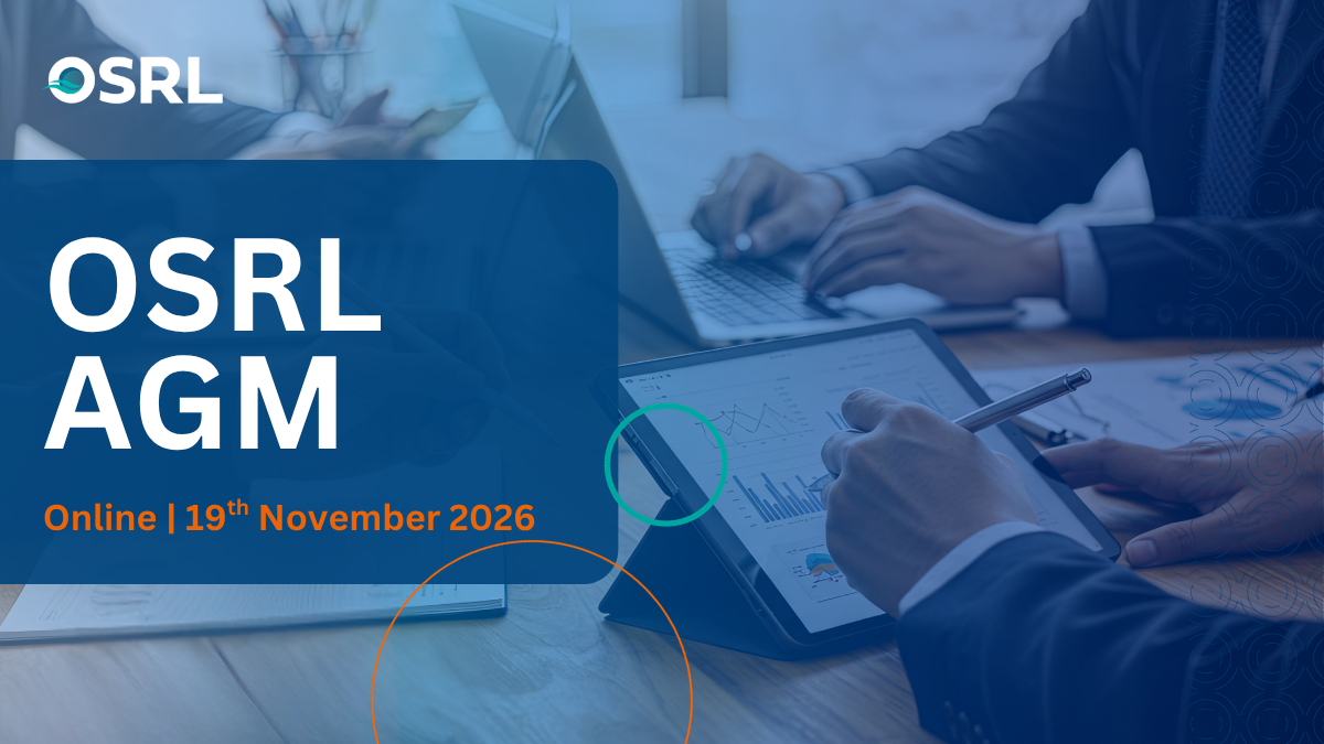 Promotional banner for OSRL&rsquo;s Annual General Meeting 2026. The image shows a business meeting setting with laptops, tablets, and documents, overlaid with OSRL branding and the text &ldquo;OSRL AGM &ndash; Online | 19th November 2026&rdquo;.