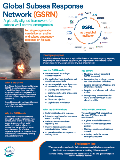 The Global Subsea Response Network (GSRN) is a collaborative framework that brings together recognised organisations with specialist expertise across engineering, subsea intervention, marine operations, environmental monitoring, logistics and mobilisation. The network supports a coordinated approach to subsea preparedness, readiness and response by connecting specialist capabilities, equipment and operational support resources.