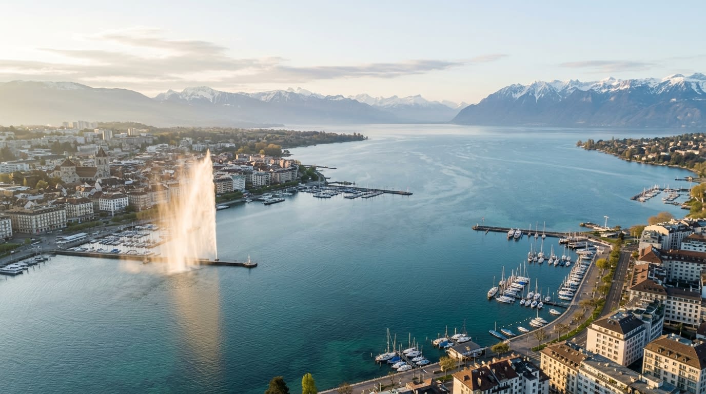 Aerial view of Lake Geneva at golden hour, with the Jet d'Eau fountain and the city skyline along the lakefront.