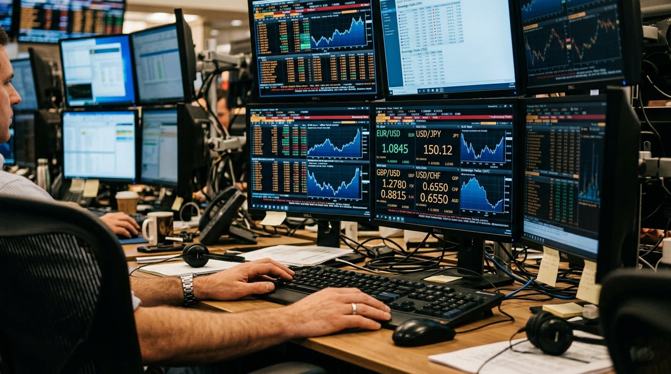 Multiple monitors at a foreign-exchange trading desk displaying currency and bond data.