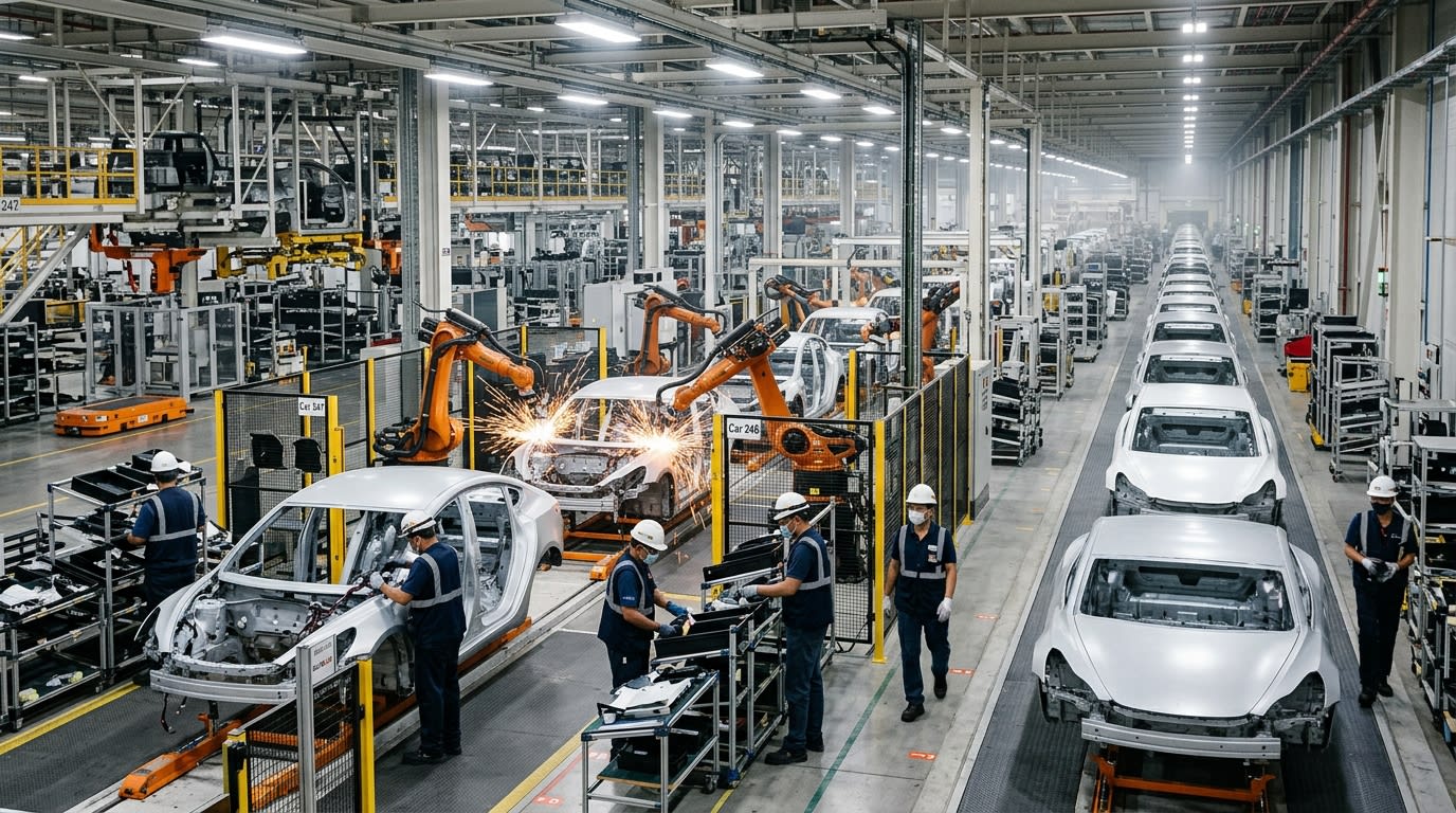 Electric vehicle assembly line in active production, with robotic welding arms and workers in safety gear.