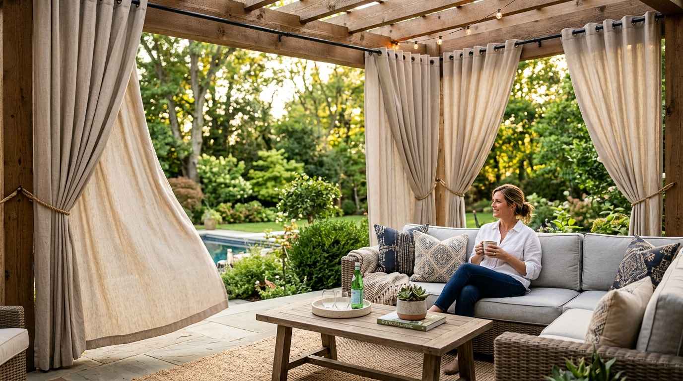 Outdoor patio curtains in a covered seating area with neutral fabric