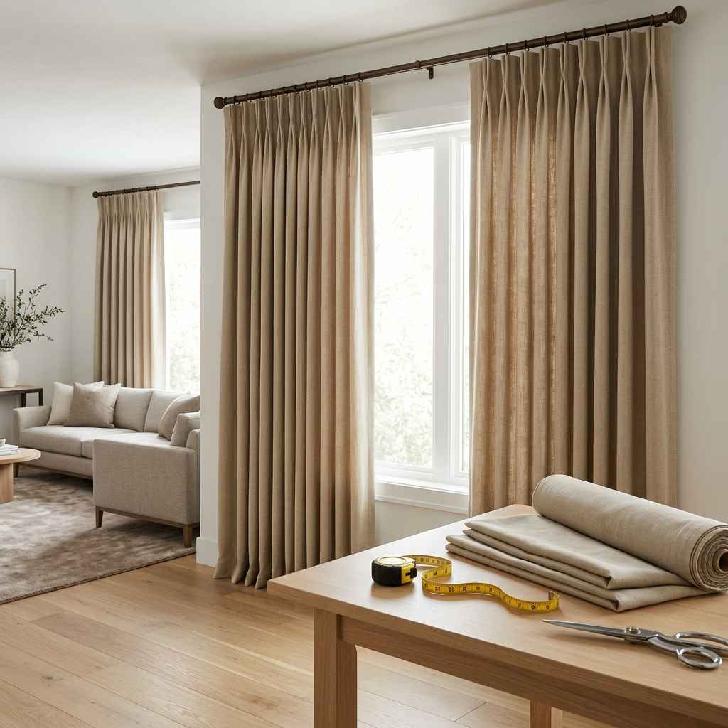 Pinch pleat curtains with full gathered folds and curtain fabric measuring tools
