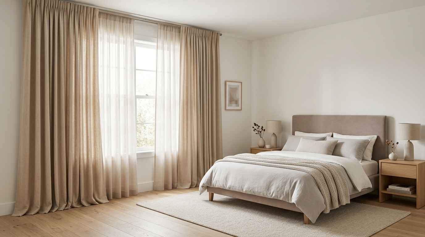 Elegant beige floor-to-ceiling curtains framing a large window in a modern neutral bedroom with a cozy upholstered bed and soft natural decor.