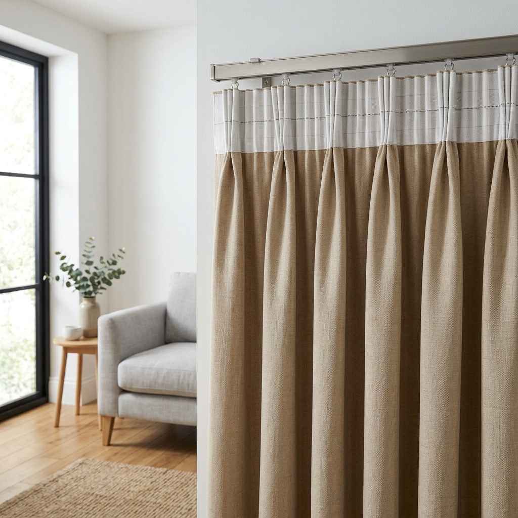 Pencil pleat curtains with heading tape and gathered folds on a curtain track