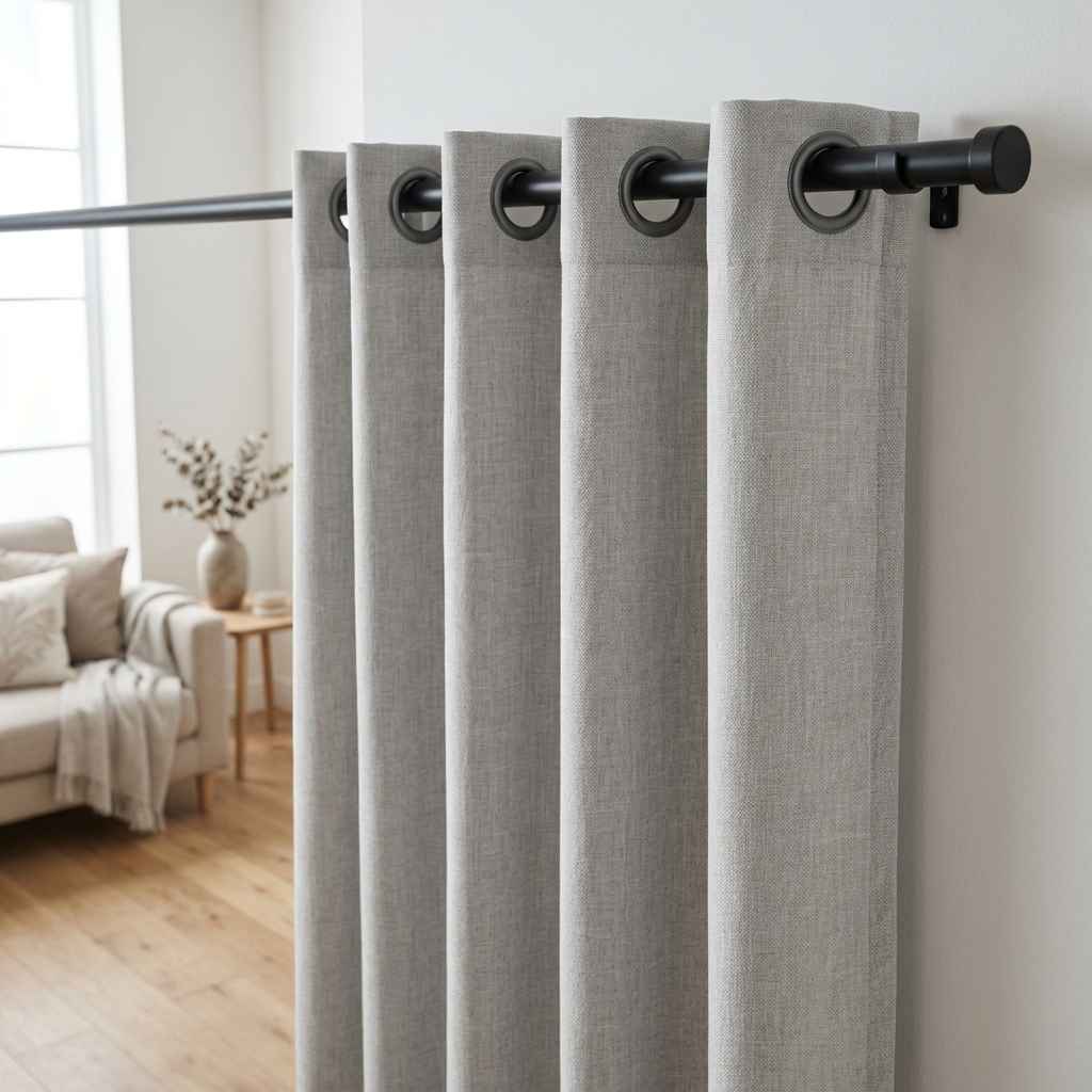Eyelet grommet curtains on a curtain rod with evenly spaced fabric panels