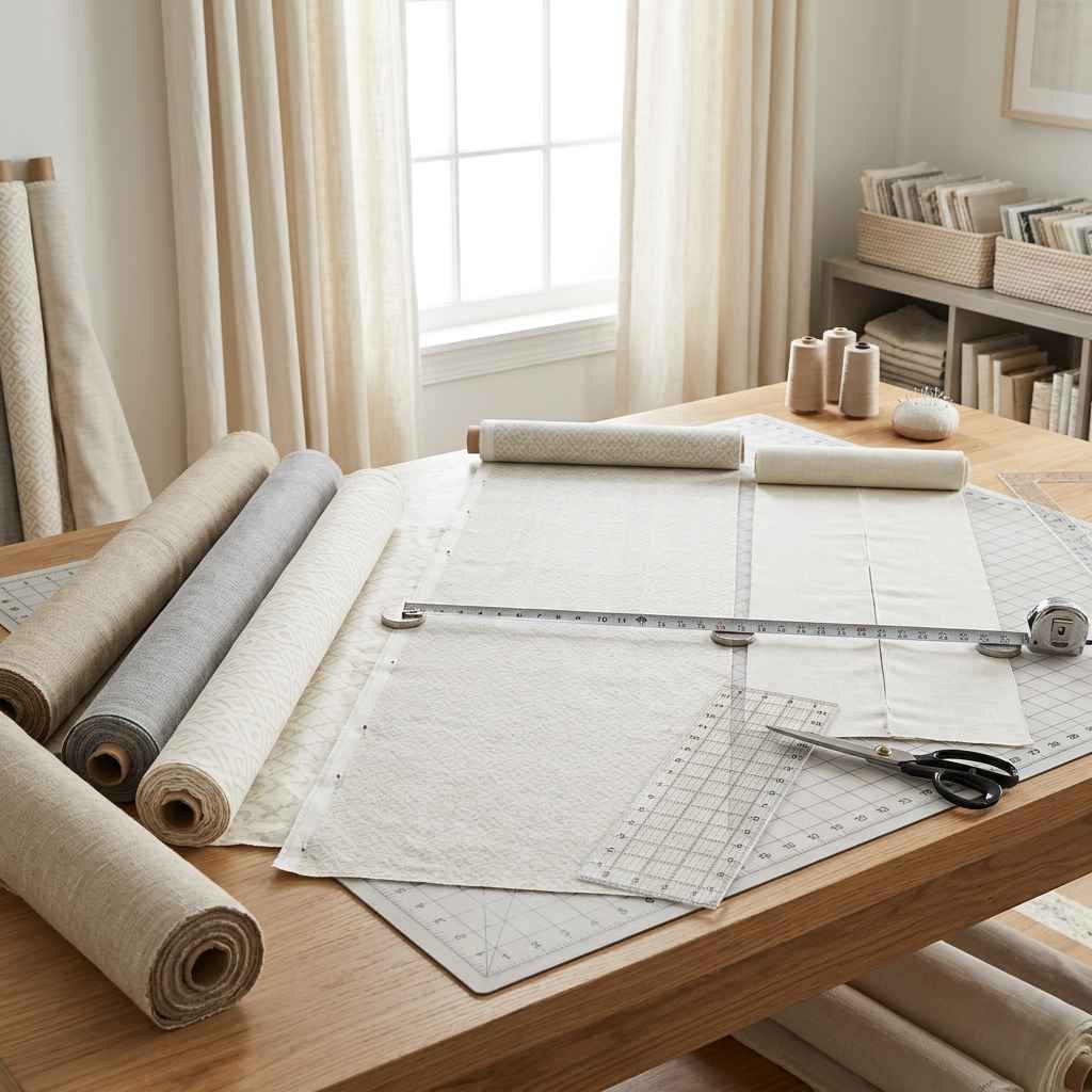 Measuring curtain fabric with a tape measure and cutting tools for curtain making