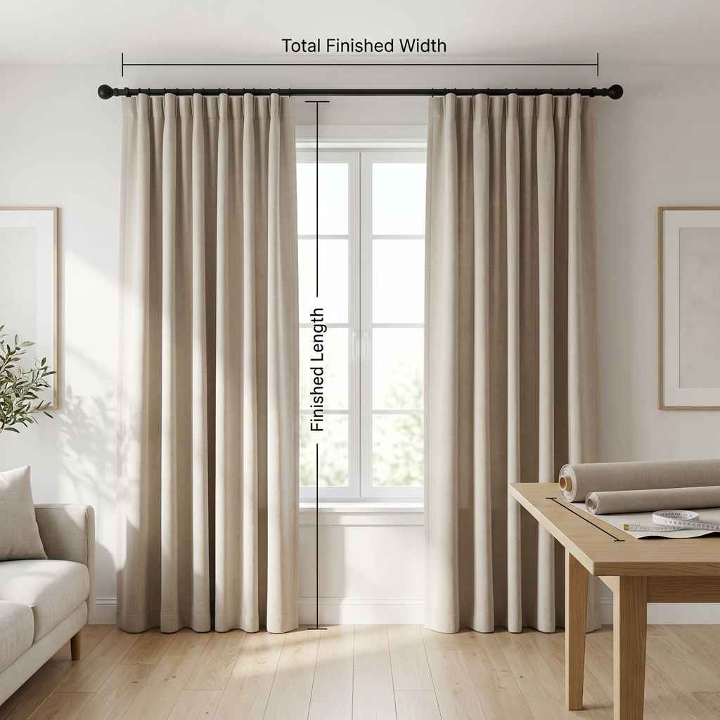 Measuring finished curtain width and length for accurate curtain fabric calculation