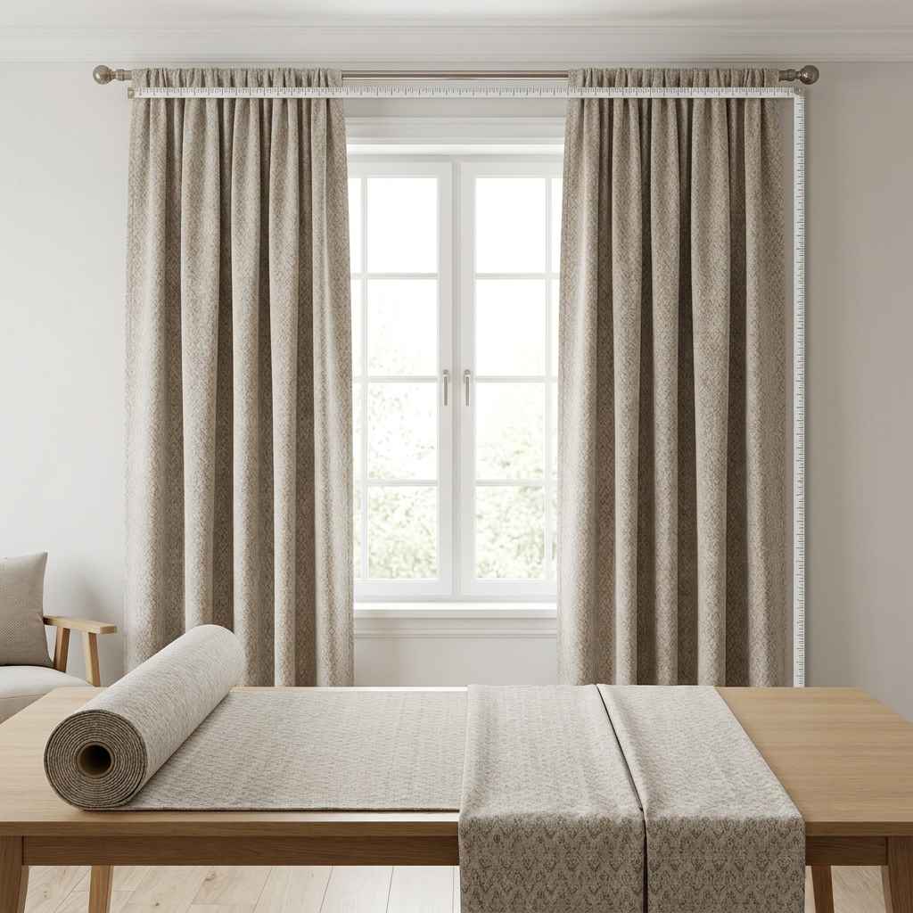 Measuring fabric for curtains with a tape measure over a window and curtain panels