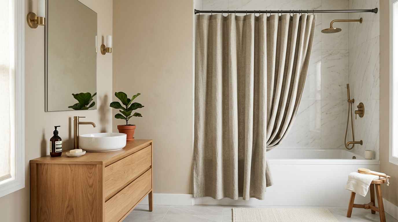 Modern bathroom with a neutral linen shower curtain beside a white bathtub, marble shower walls, and a wooden vanity.