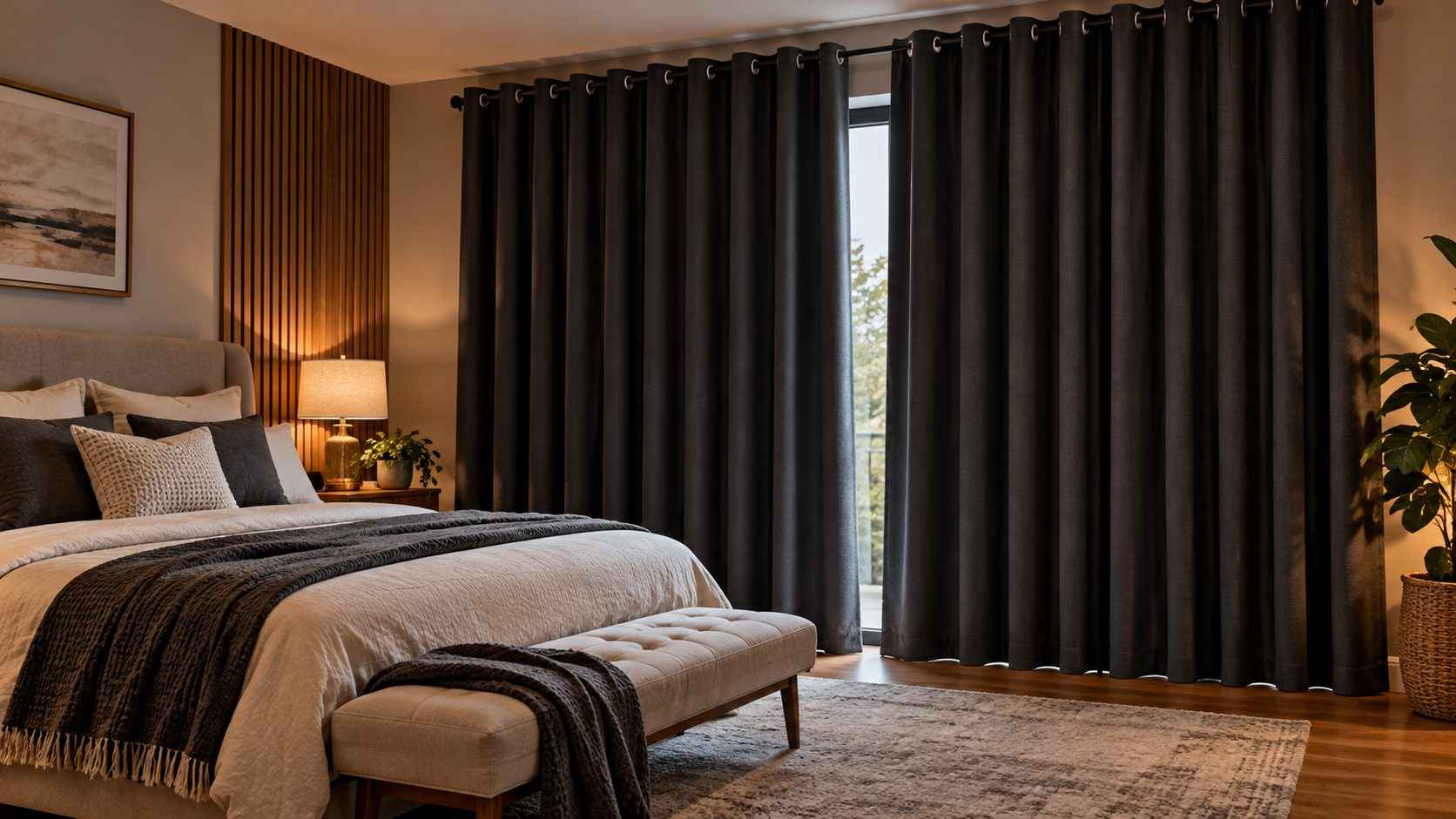 Modern bedroom with floor-to-ceiling black blackout curtains covering a large window beside a cozy upholstered bed.