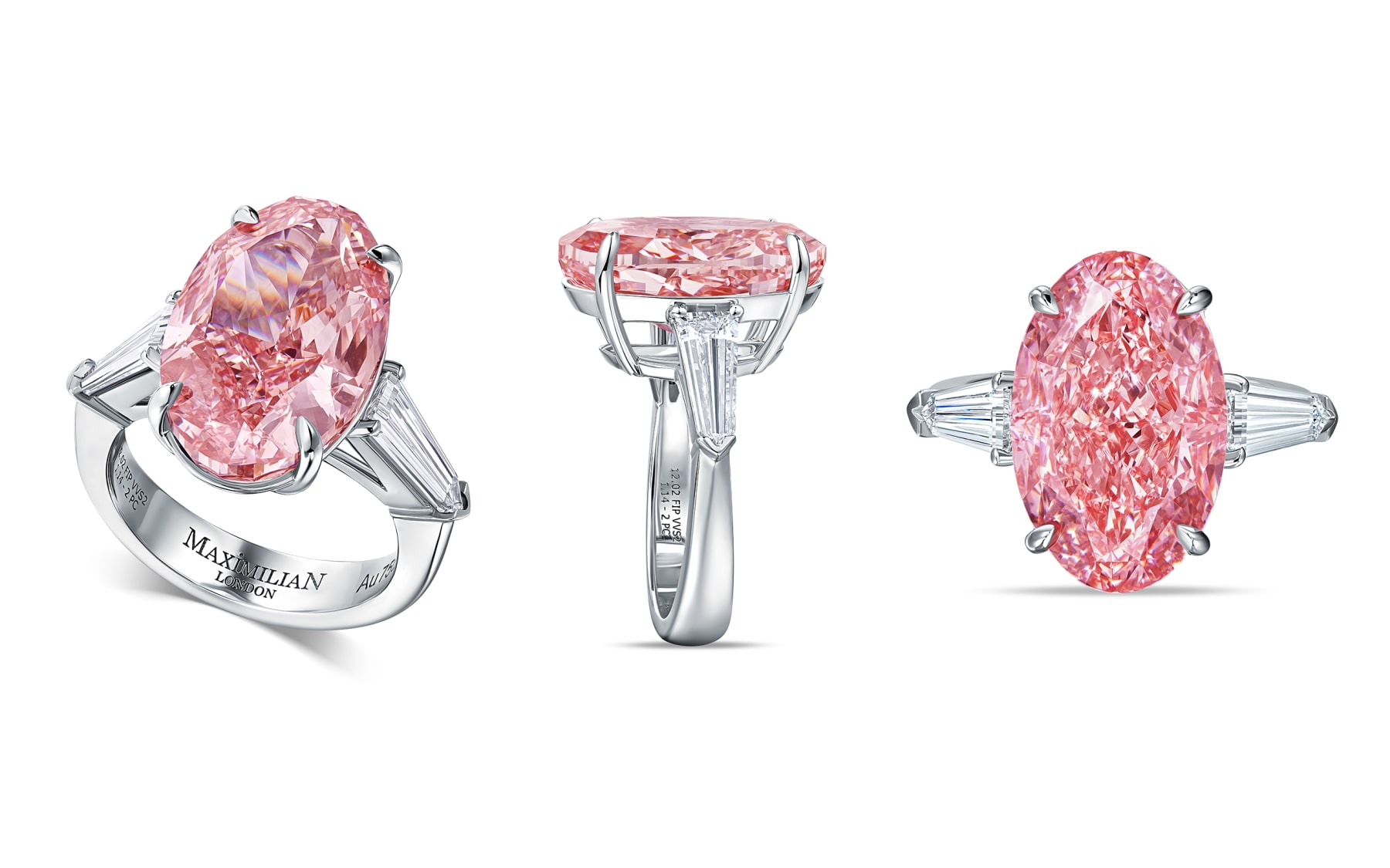 A pink diamond ring photographed in three angles on pure white for a jewelry catalogue.