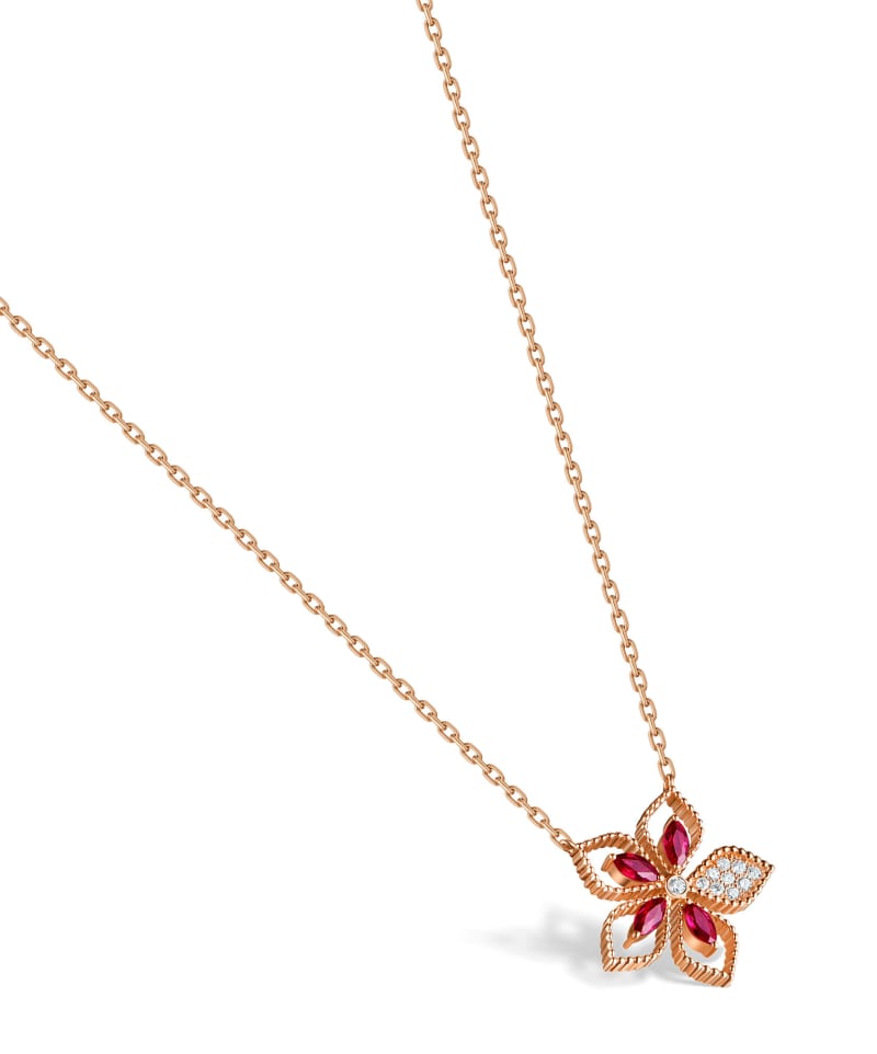 A rose-gold pendant necklace photographed on white for e-commerce.