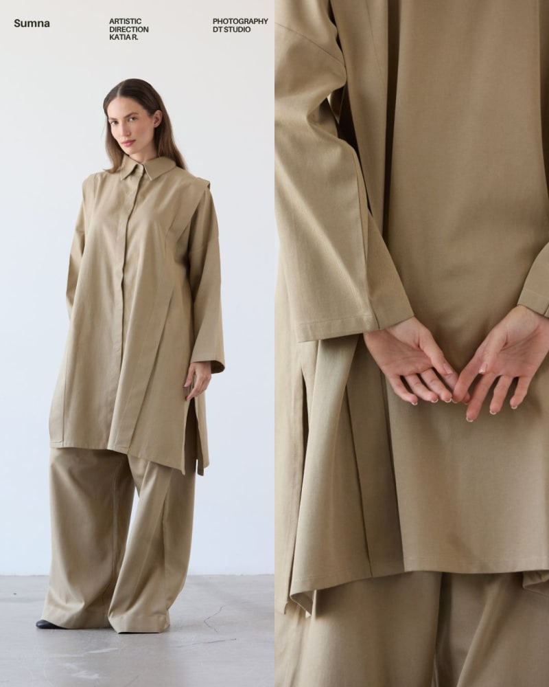 A Sumna editorial spread: a model in a beige oversized suit beside a fabric close-up.