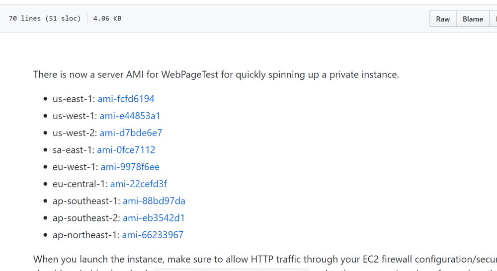 WebPageTest server EC2 AMI list by region