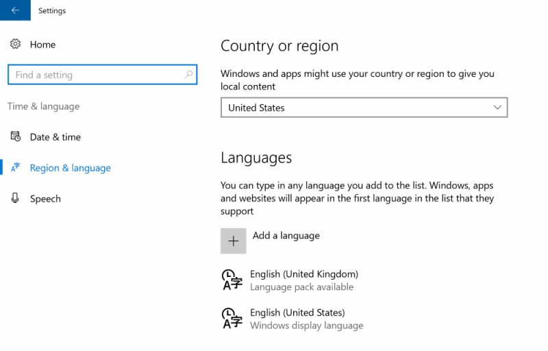 Region and language settings