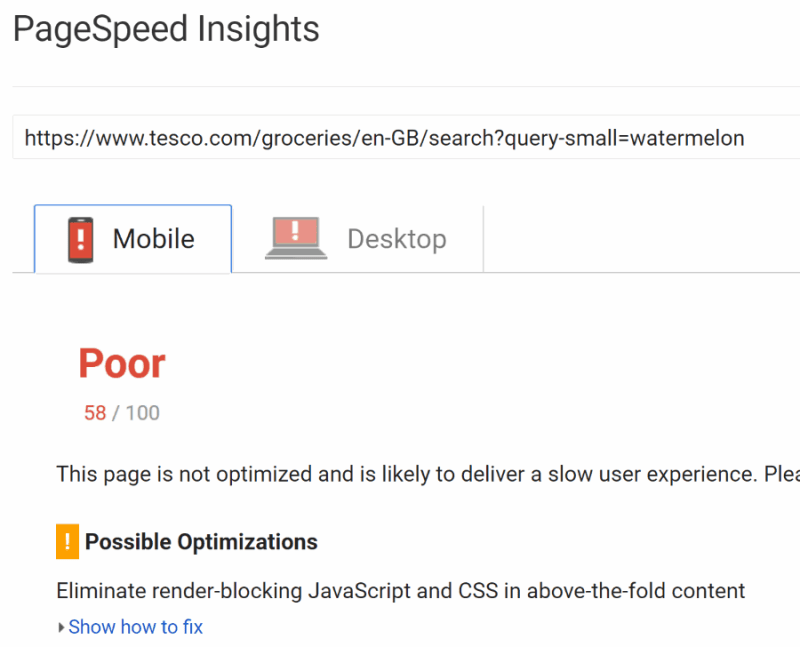 tesco pagespeed insights