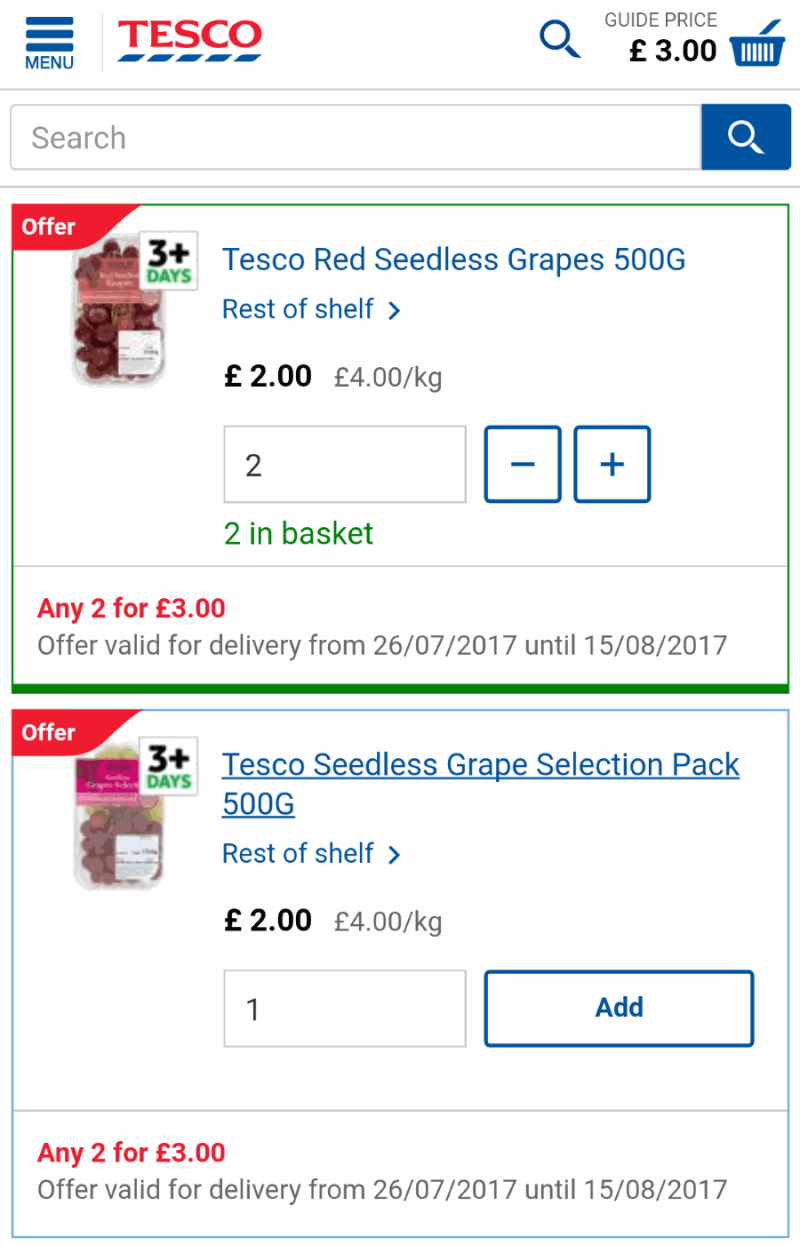 tesco browse section: listing page