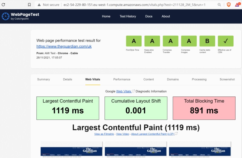 Private WebPageTest with no CrUX data displaying