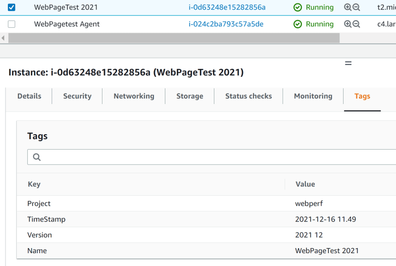 WebPageTest server EC2 with tags