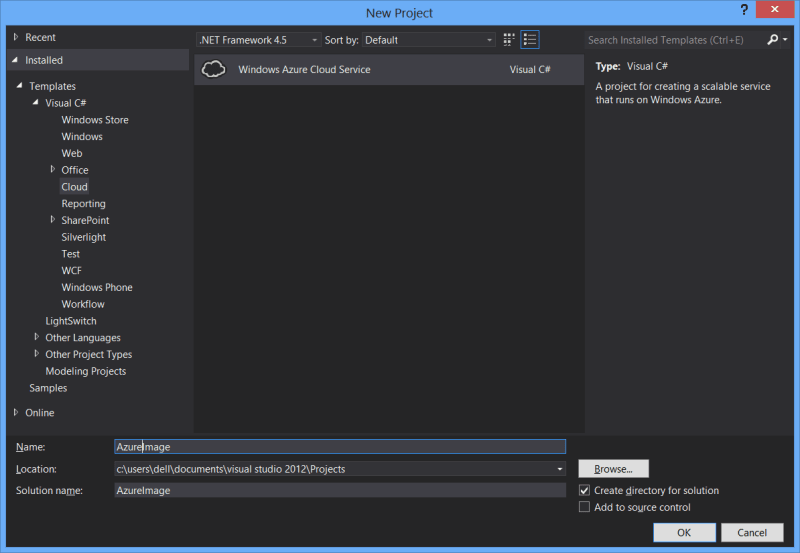 VS2012 new cloud project
