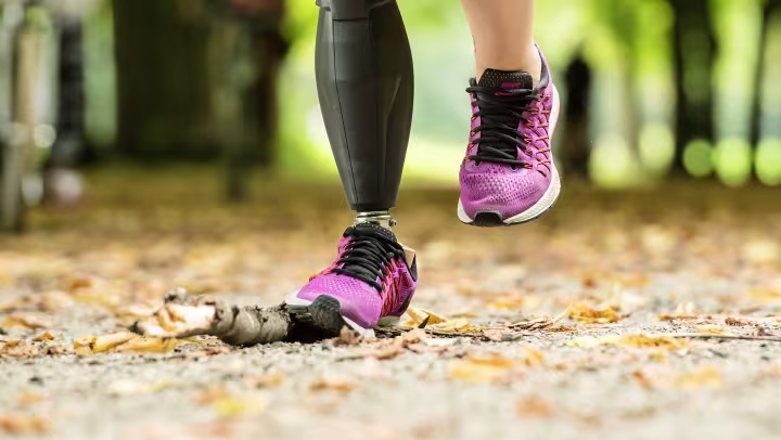 Close-up auf Marije's Triton side flex, which allows her to effortlessly step over a fallen branch.
