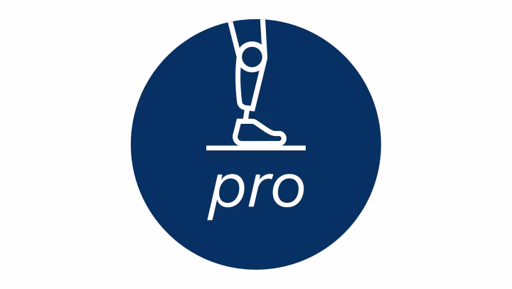 A blue circle with a graphically represented prosthesis and the word pro.