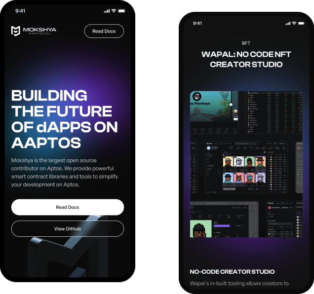 This image is the mobile mockup/view for Mokshya Protocol.