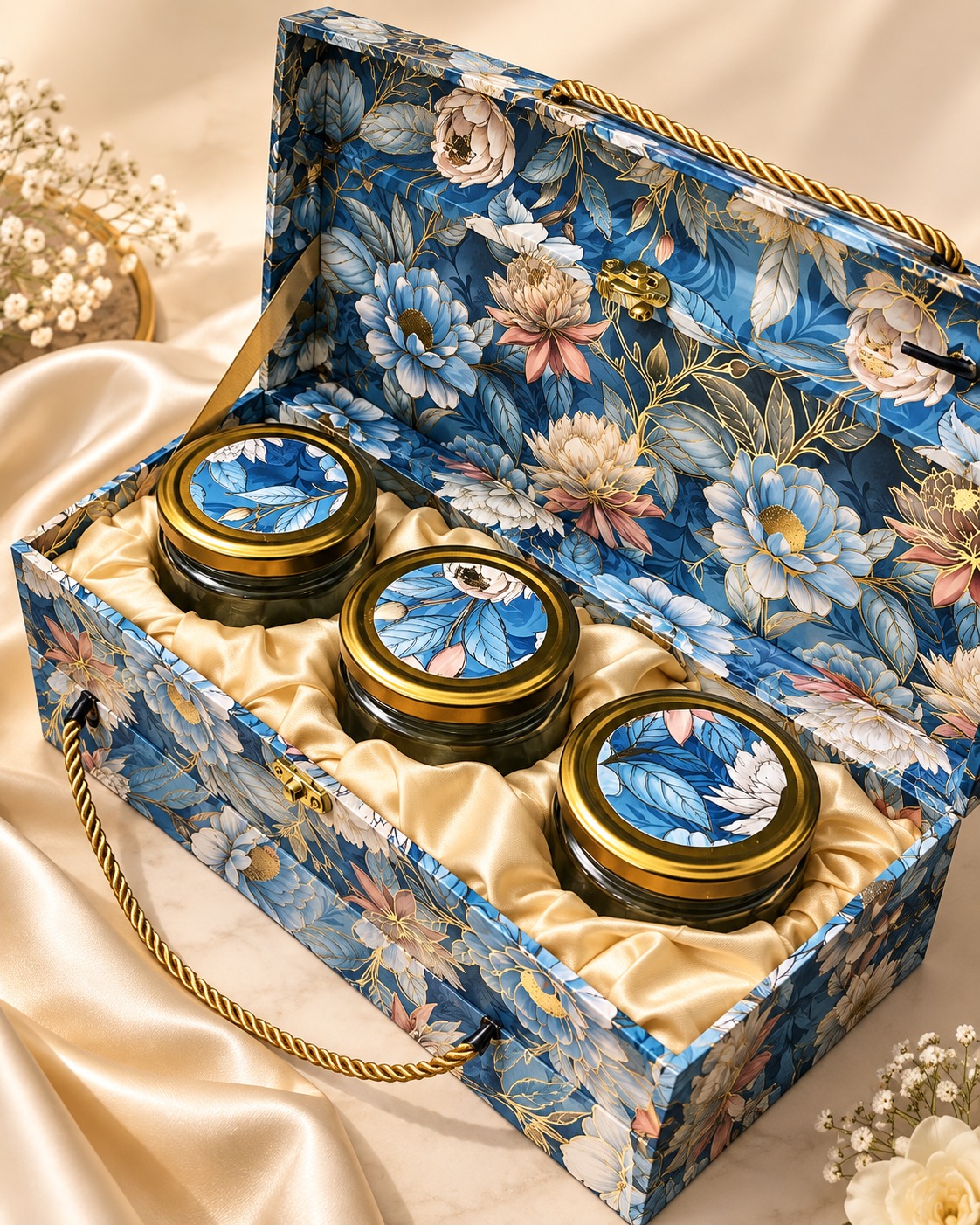 Royal Blue Floral Dry Fruit Gift Box – 3 Jar Luxury Hamper