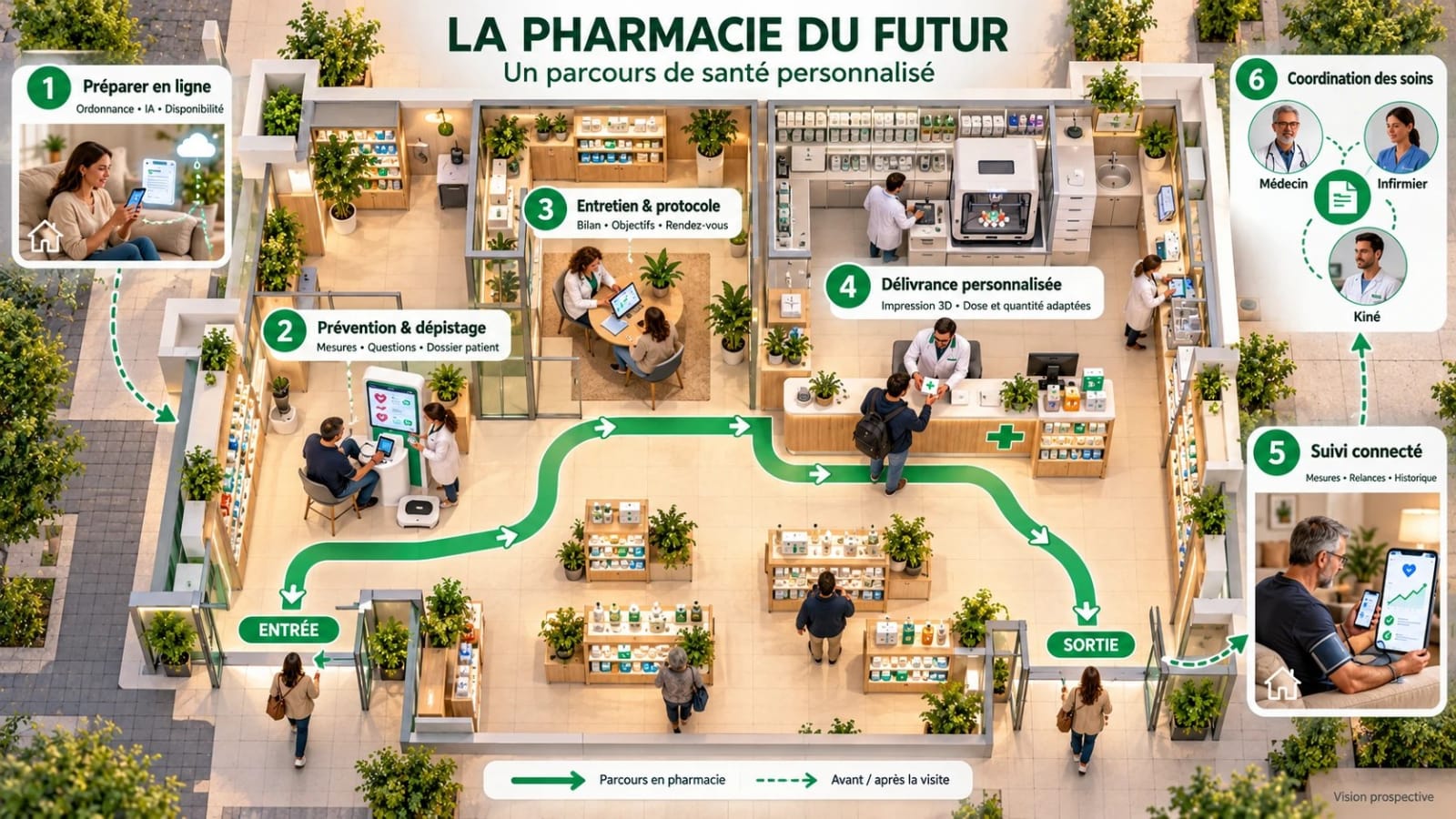 Plan d’une pharmacie du futur : parcours du patient en six étapes, de la préparation en ligne au suivi connecté et à la coordination des soins
